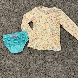 Ruffled Two-Piece Girls' Swim Set - Yellow Floral Rash Guard & Aqua Bottoms